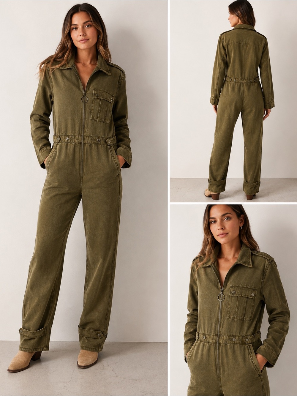 Good American Flight Suit Utility Jumpsuit Olive Green Size 3